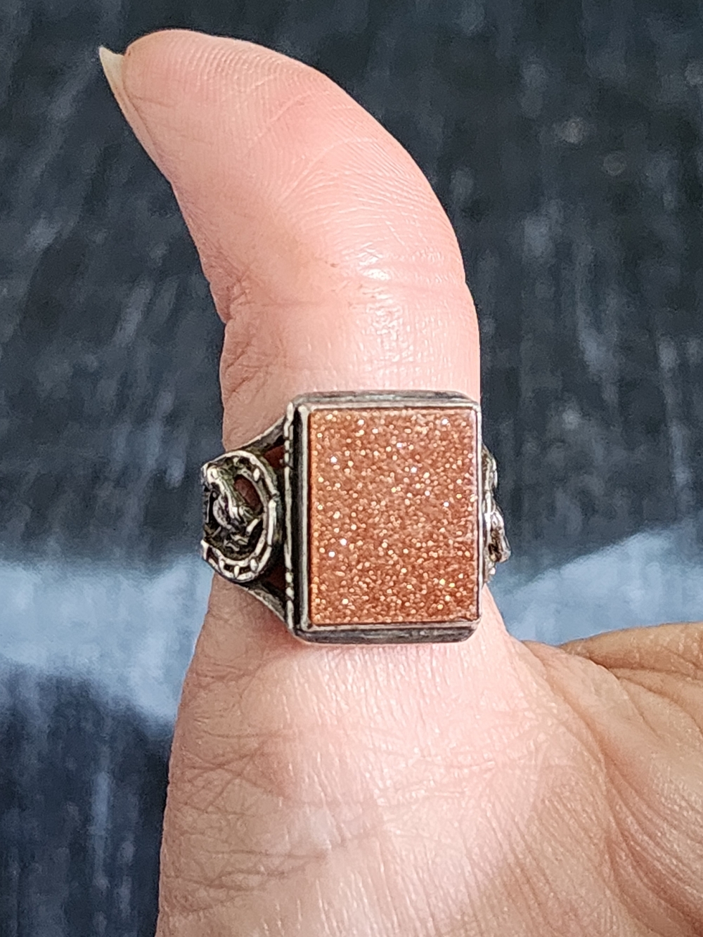 Goldstone Horsehead Sterling Silver Vintage Signet Ring Luck Horse Shoe Head 8.5 - Picture 5 of 8